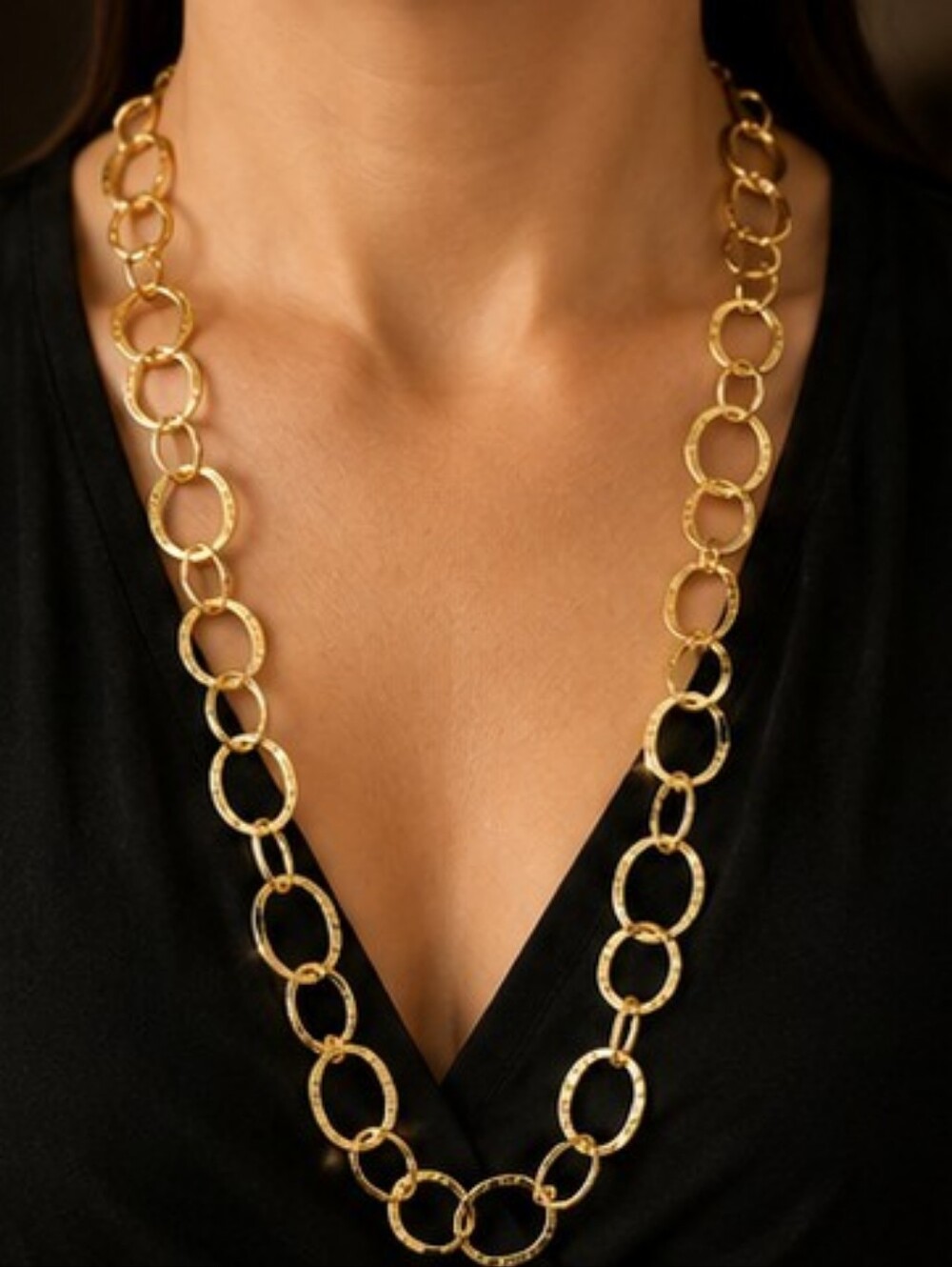 Gold Tone Hammered Open Link 32 Inch Long Statement Necklace NWT